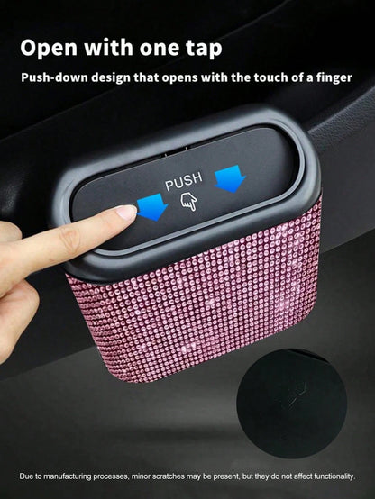 1pc Rhinestone Design Car Trash Can With Lid, Press-Type Car Trash Can For Storing Trash And Car Decoration, Includes 30 Trash Bags, With Back Clip For Hanging On Car Door Side, Shiny Car Trash Can