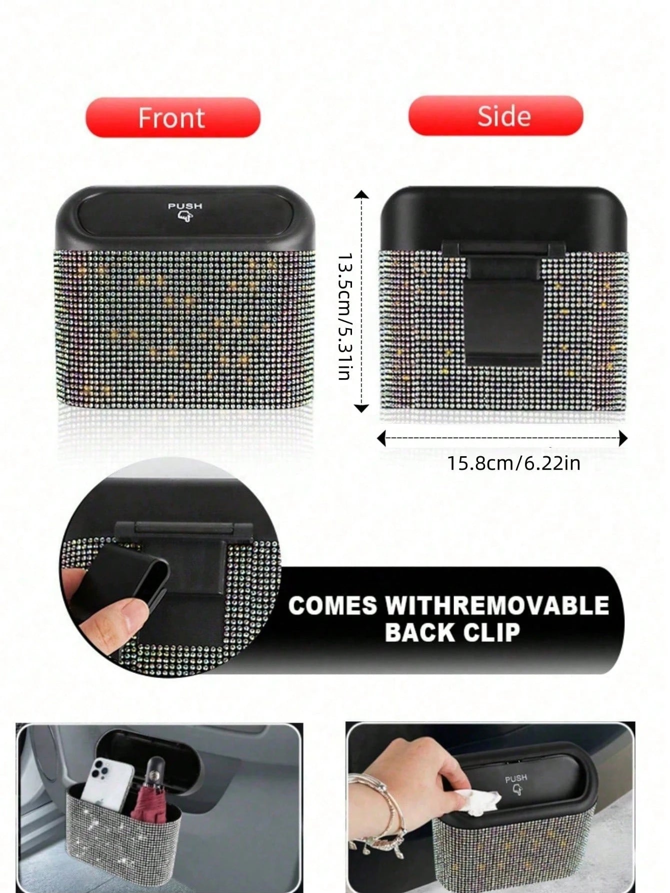 1pc Rhinestone Design Car Trash Can With Lid, Press-Type Car Trash Can For Storing Trash And Car Decoration, Includes 30 Trash Bags, With Back Clip For Hanging On Car Door Side, Shiny Car Trash Can