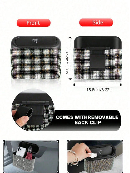 1pc Rhinestone Design Car Trash Can With Lid, Press-Type Car Trash Can For Storing Trash And Car Decoration, Includes 30 Trash Bags, With Back Clip For Hanging On Car Door Side, Shiny Car Trash Can