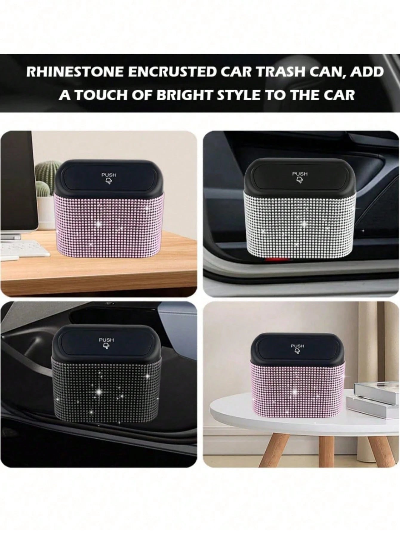 1pc Rhinestone Design Car Trash Can With Lid, Press-Type Car Trash Can For Storing Trash And Car Decoration, Includes 30 Trash Bags, With Back Clip For Hanging On Car Door Side, Shiny Car Trash Can
