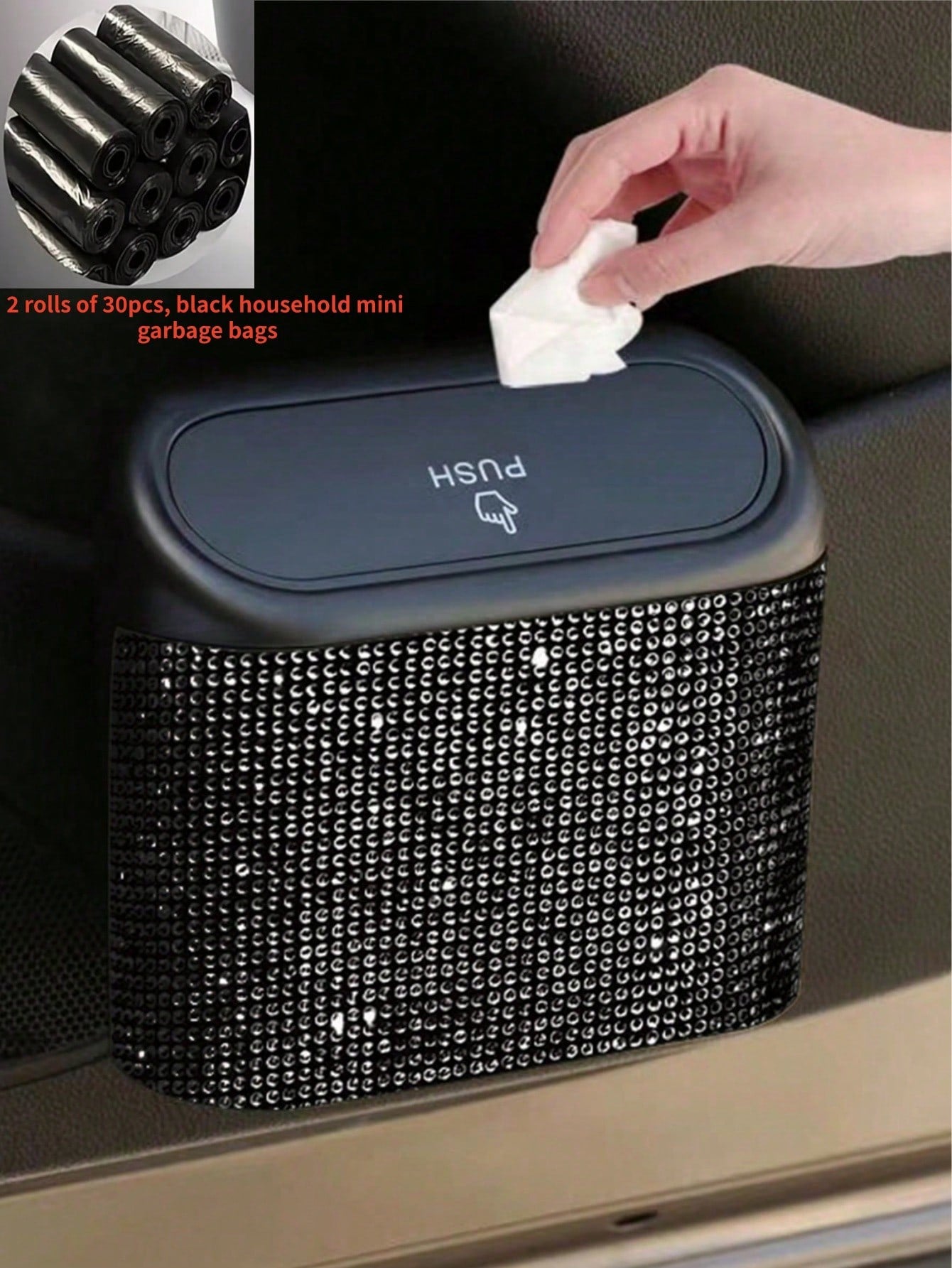 1pc Rhinestone Design Car Trash Can With Lid, Press-Type Car Trash Can For Storing Trash And Car Decoration, Includes 30 Trash Bags, With Back Clip For Hanging On Car Door Side, Shiny Car Trash Can