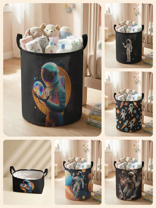 1pc,Round Storage,Extra Large Capacity Foldable,Durable,Astronaut Pattern Printed Large Capacity Foldable Round Storage Basket,With Handle,Baby Room Multi-Purpose Storage Basket,Baby Sundries Organiza