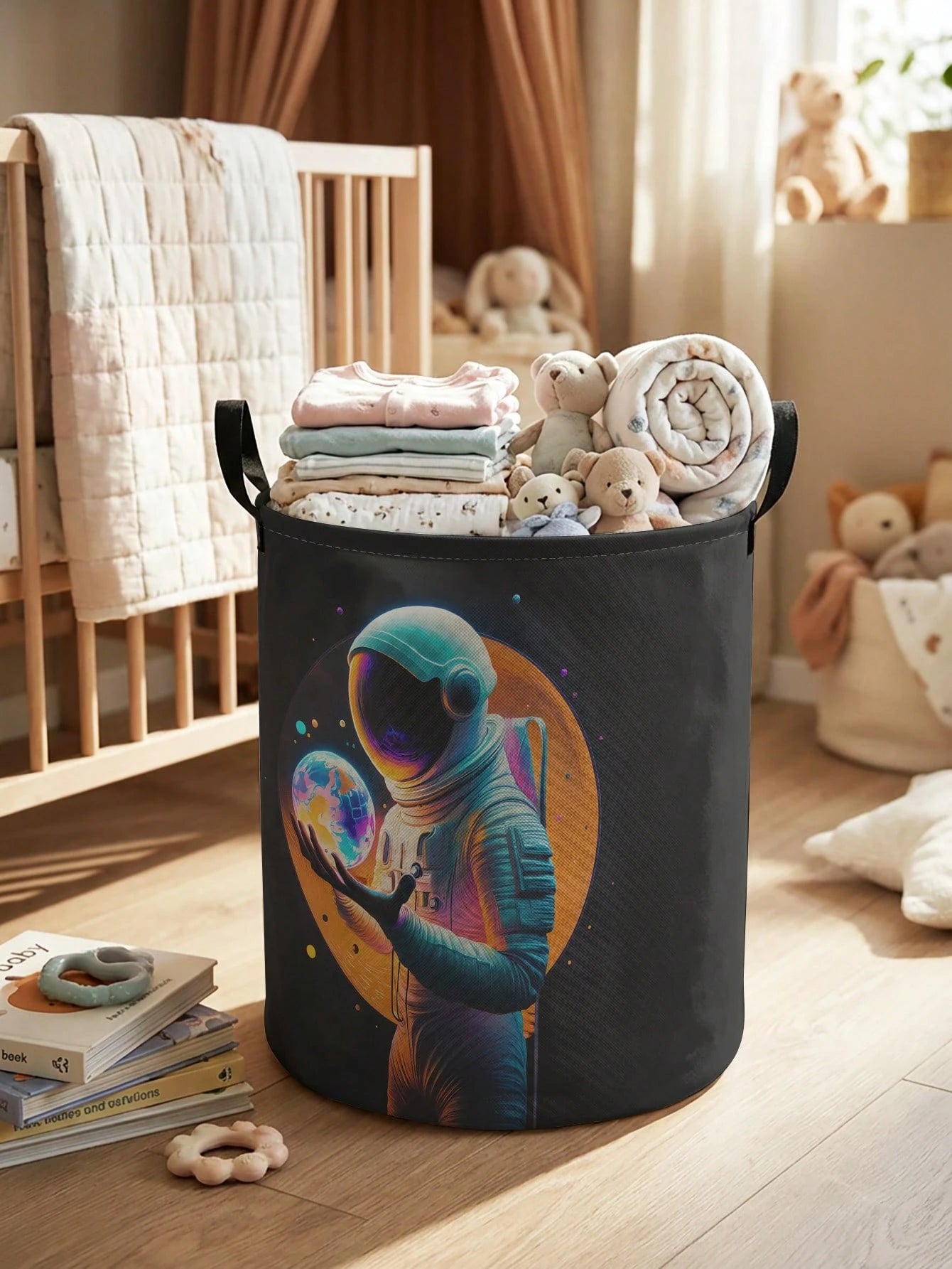 1pc,Round Storage,Extra Large Capacity Foldable,Durable,Astronaut Pattern Printed Large Capacity Foldable Round Storage Basket,With Handle,Baby Room Multi-Purpose Storage Basket,Baby Sundries Organiza