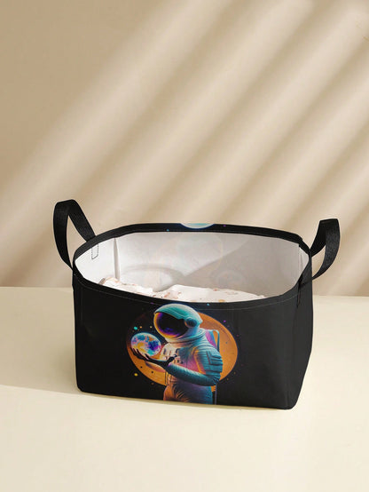 1pc,Round Storage,Extra Large Capacity Foldable,Durable,Astronaut Pattern Printed Large Capacity Foldable Round Storage Basket,With Handle,Baby Room Multi-Purpose Storage Basket,Baby Sundries Organiza