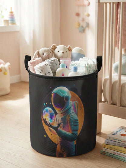 1pc,Round Storage,Extra Large Capacity Foldable,Durable,Astronaut Pattern Printed Large Capacity Foldable Round Storage Basket,With Handle,Baby Room Multi-Purpose Storage Basket,Baby Sundries Organiza