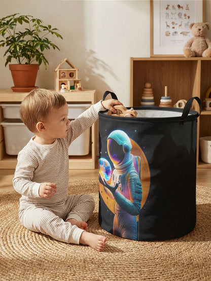 1pc,Round Storage,Extra Large Capacity Foldable,Durable,Astronaut Pattern Printed Large Capacity Foldable Round Storage Basket,With Handle,Baby Room Multi-Purpose Storage Basket,Baby Sundries Organiza