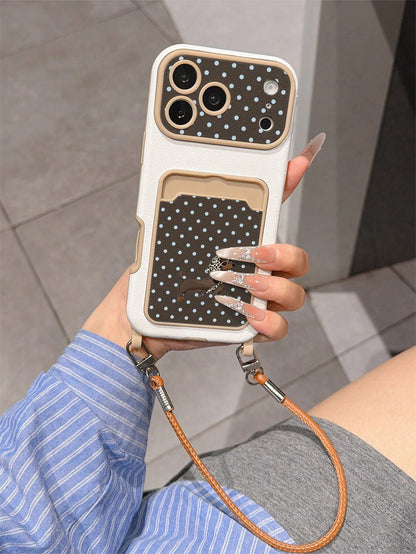 1pc Sausage Dog & Blue Polka Dot Pattern Fashion Card Holder Lanyard TPU Material Anti-Drop Protective Phone Case, Compatible With Apple 11/12/13/14/14plus/15/15plus/16/16plus/17/17pro Series Phone Pr