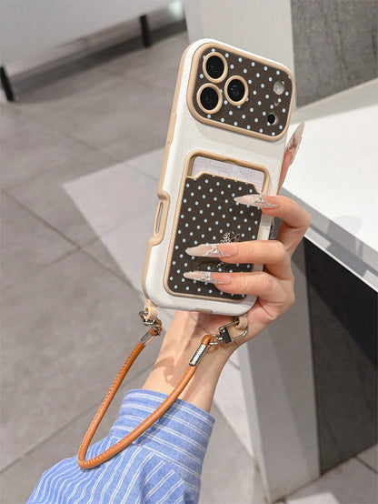 1pc Sausage Dog & Blue Polka Dot Pattern Fashion Card Holder Lanyard TPU Material Anti-Drop Protective Phone Case, Compatible With Apple 11/12/13/14/14plus/15/15plus/16/16plus/17/17pro Series Phone Pr