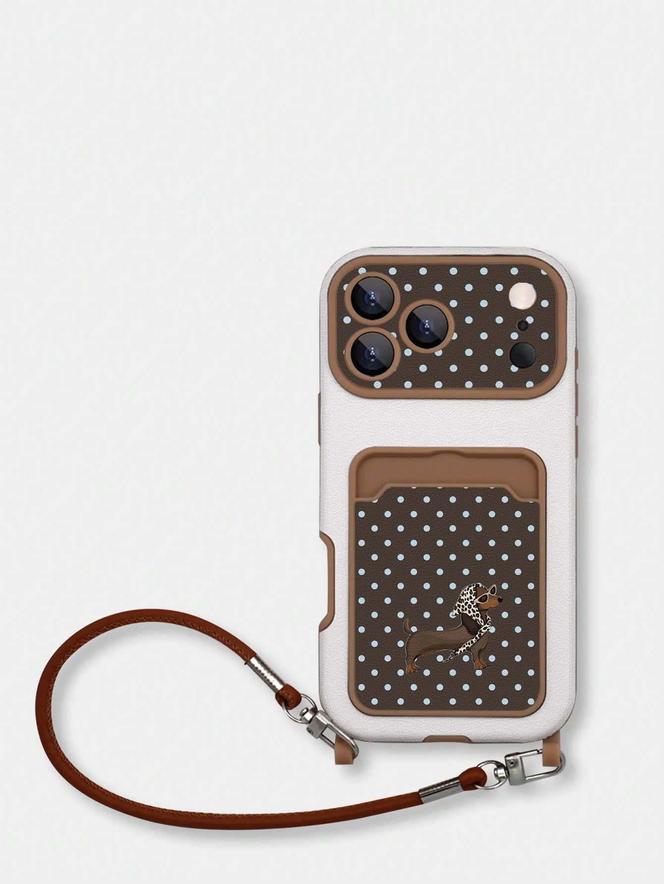 1pc Sausage Dog & Blue Polka Dot Pattern Fashion Card Holder Lanyard TPU Material Anti-Drop Protective Phone Case, Compatible With Apple 11/12/13/14/14plus/15/15plus/16/16plus/17/17pro Series Phone Pr