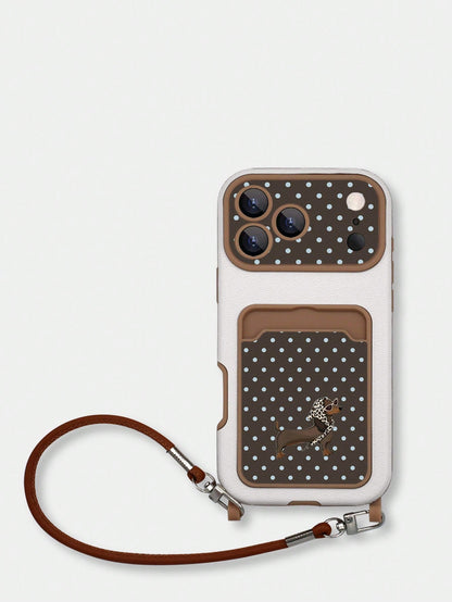1pc Sausage Dog & Blue Polka Dot Pattern Fashion Card Holder Lanyard TPU Material Anti-Drop Protective Phone Case, Compatible With Apple 11/12/13/14/14plus/15/15plus/16/16plus/17/17pro Series Phone Pr