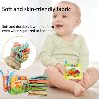 1Pc Sensory Cloth Book For Babies, Baby Cloth Book Early Learning Toys With Crepe Paper, 4 Sides 8 Pages English Mini Book Animal Fruit Farm Cloth Book