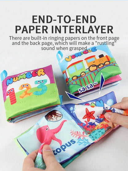 1Pc Sensory Cloth Book For Babies, Baby Cloth Book Early Learning Toys With Crepe Paper, 4 Sides 8 Pages English Mini Book Animal Fruit Farm Cloth Book