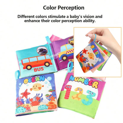 1Pc Sensory Cloth Book For Babies, Baby Cloth Book Early Learning Toys With Crepe Paper, 4 Sides 8 Pages English Mini Book Animal Fruit Farm Cloth Book
