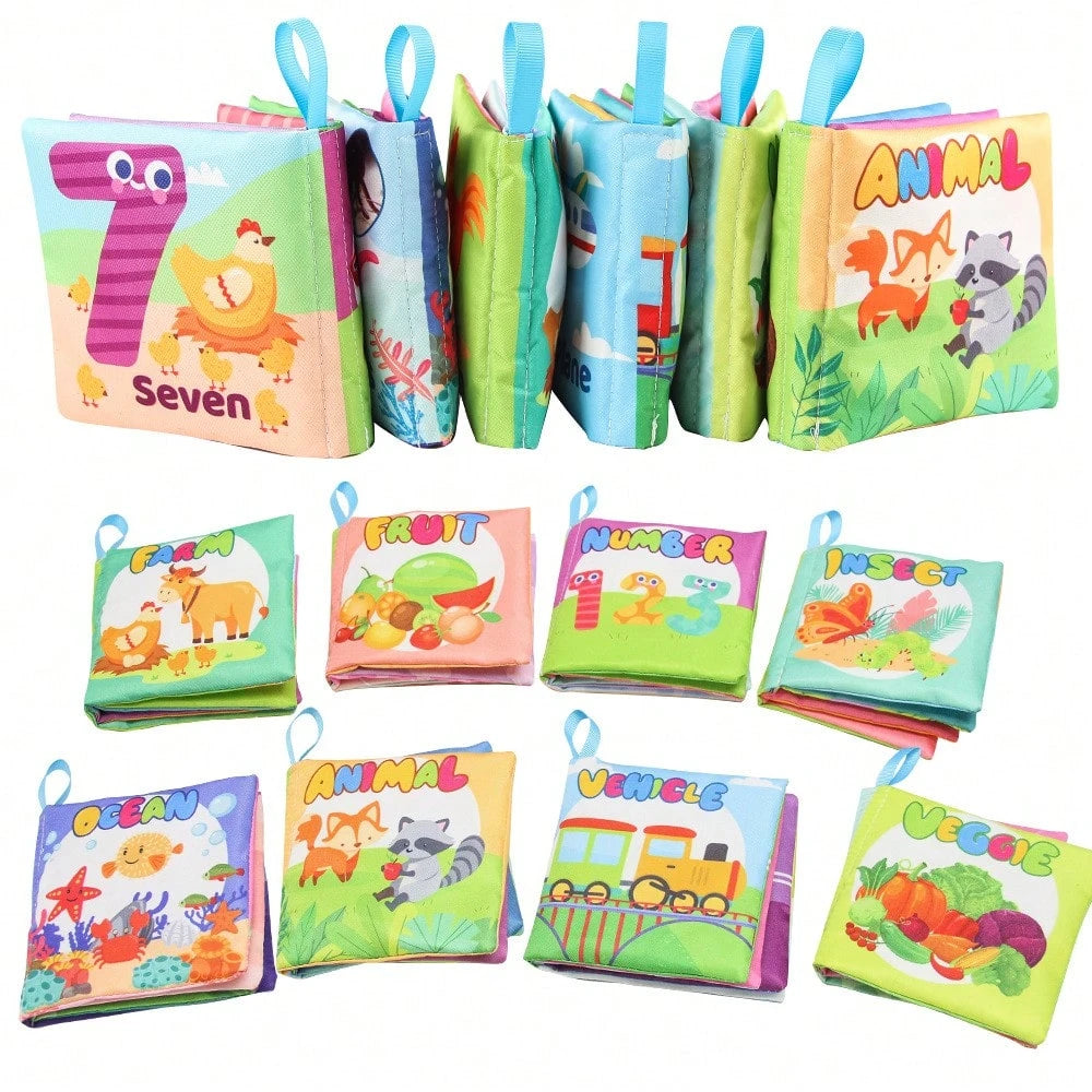 1Pc Sensory Cloth Book For Babies, Baby Cloth Book Early Learning Toys With Crepe Paper, 4 Sides 8 Pages English Mini Book Animal Fruit Farm Cloth Book