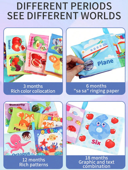 1Pc Sensory Cloth Book For Babies, Baby Cloth Book Early Learning Toys With Crepe Paper, 4 Sides 8 Pages English Mini Book Animal Fruit Farm Cloth Book