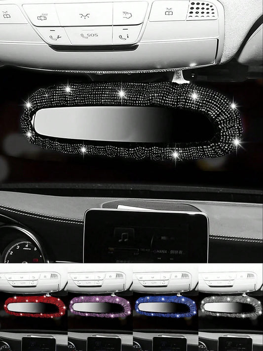1pc Shiny Car Rearview Mirror Cover With Crystal Rhinestones, Women's Full Diamond Headrest Sleeve Interior Accessory- Universal Fit For Sedan, SUV, Van