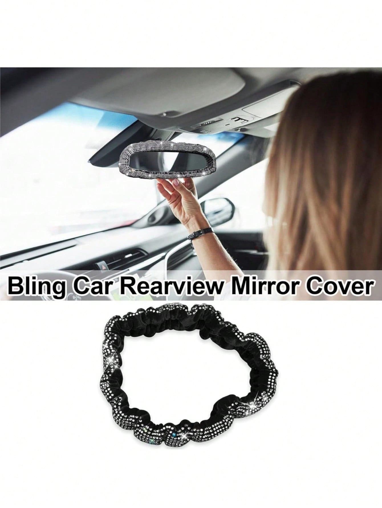 1pc Shiny Car Rearview Mirror Cover With Crystal Rhinestones, Women's Full Diamond Headrest Sleeve Interior Accessory- Universal Fit For Sedan, SUV, Van