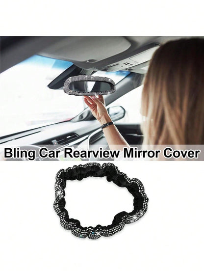 1pc Shiny Car Rearview Mirror Cover With Crystal Rhinestones, Women's Full Diamond Headrest Sleeve Interior Accessory- Universal Fit For Sedan, SUV, Van