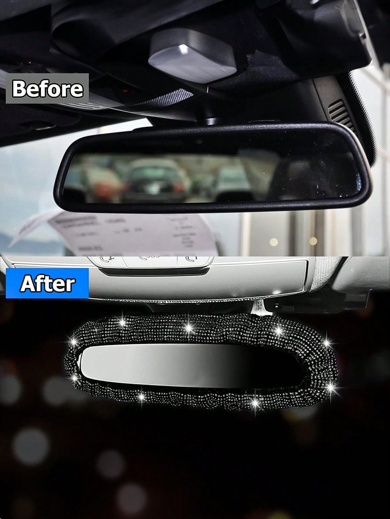 1pc Shiny Car Rearview Mirror Cover With Crystal Rhinestones, Women's Full Diamond Headrest Sleeve Interior Accessory- Universal Fit For Sedan, SUV, Van