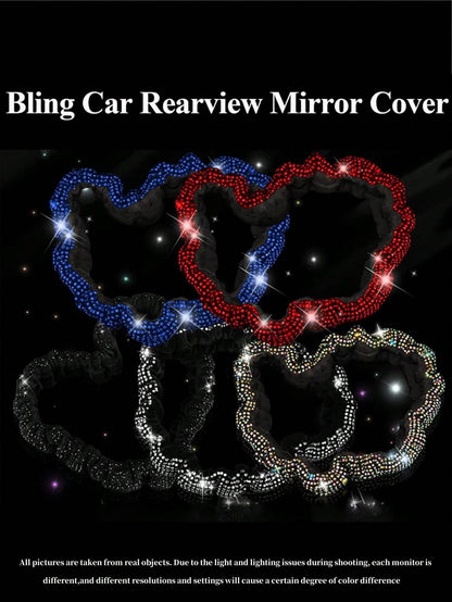 1pc Shiny Car Rearview Mirror Cover With Crystal Rhinestones, Women's Full Diamond Headrest Sleeve Interior Accessory- Universal Fit For Sedan, SUV, Van