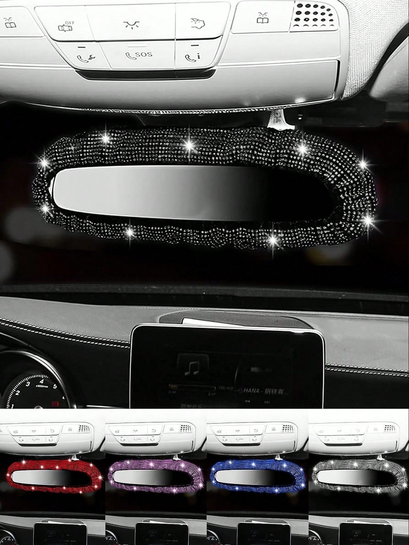 1pc Shiny Car Rearview Mirror Cover With Crystal Rhinestones, Women's Full Diamond Headrest Sleeve Interior Accessory- Universal Fit For Sedan, SUV, Van