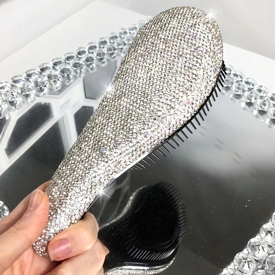 1pc Shiny Rhinestone Hair Comb For Women, Massage Pad Design, No Knots And No Hair Clogging, Portable Back Comb For Smooth Hair, Travel And Vacation Essential, Wedding Birthday Party Holiday Gift, Hai
