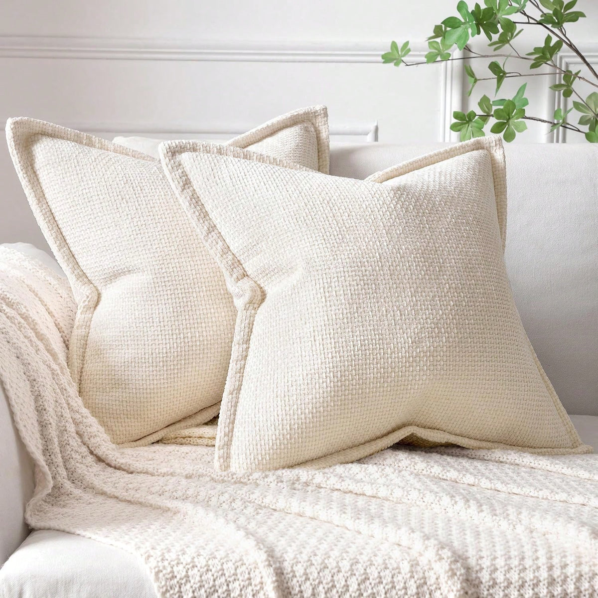 1pc Soft Chenille Cross Texture Pattern Throw Pillow Cover With Wide Trim, Farmhouse Cushion Cover For Home Decor, Sofa, Bedroom, Living Room