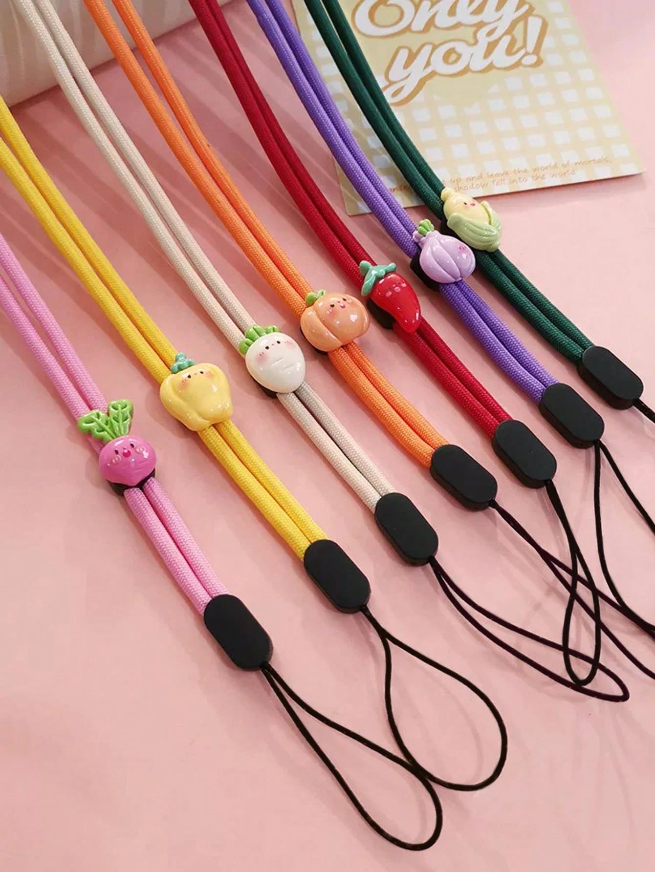 1pc Solid Color Nylon Thin Phone Wrist Lanyard, Cute 3D Resin Cartoon Vegetable Fruit Decor Anti-Lost Wrist Strap, Suitable For Daily Matching As Keychain, Bag Pendant Accessory