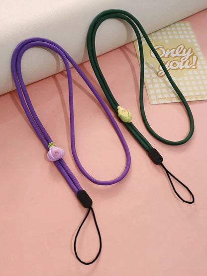 1pc Solid Color Nylon Thin Phone Wrist Lanyard, Cute 3D Resin Cartoon Vegetable Fruit Decor Anti-Lost Wrist Strap, Suitable For Daily Matching As Keychain, Bag Pendant Accessory