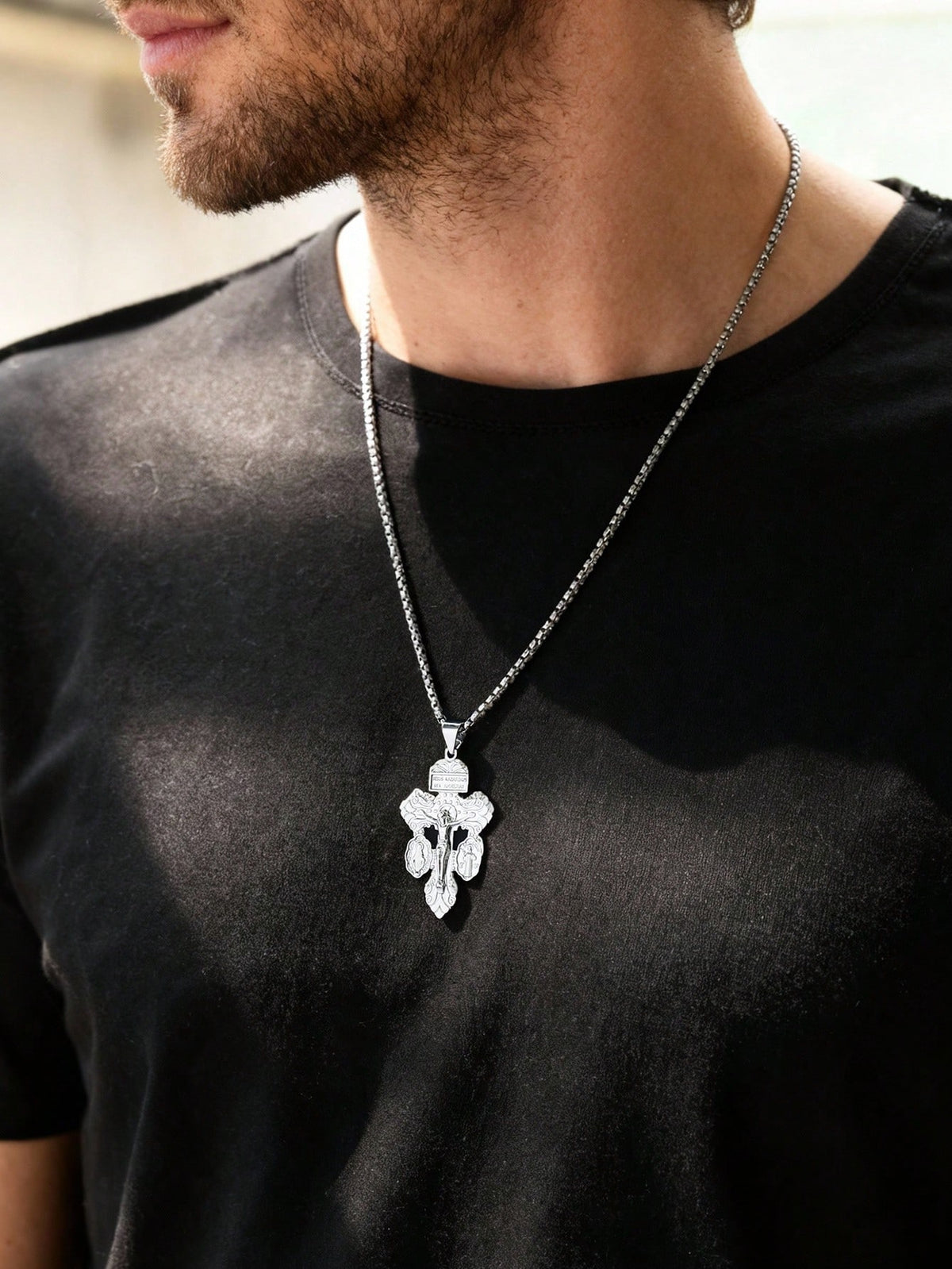 1pc Stainless Steel Chain Religious Forgiveness Cross Necklace, Jesus, Virgin Mary, St. Benedict Catholic Forgiveness Cross Necklace, Unisex