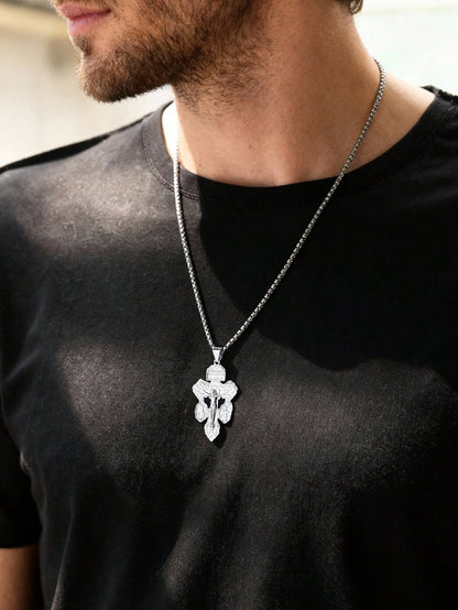 1pc Stainless Steel Chain Religious Forgiveness Cross Necklace, Jesus, Virgin Mary, St. Benedict Catholic Forgiveness Cross Necklace, Unisex