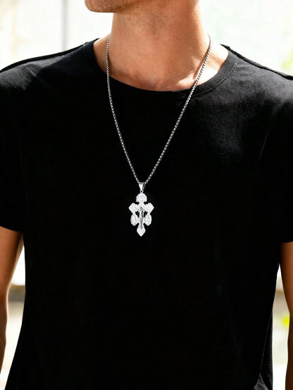 1pc Stainless Steel Chain Religious Forgiveness Cross Necklace, Jesus, Virgin Mary, St. Benedict Catholic Forgiveness Cross Necklace, Unisex
