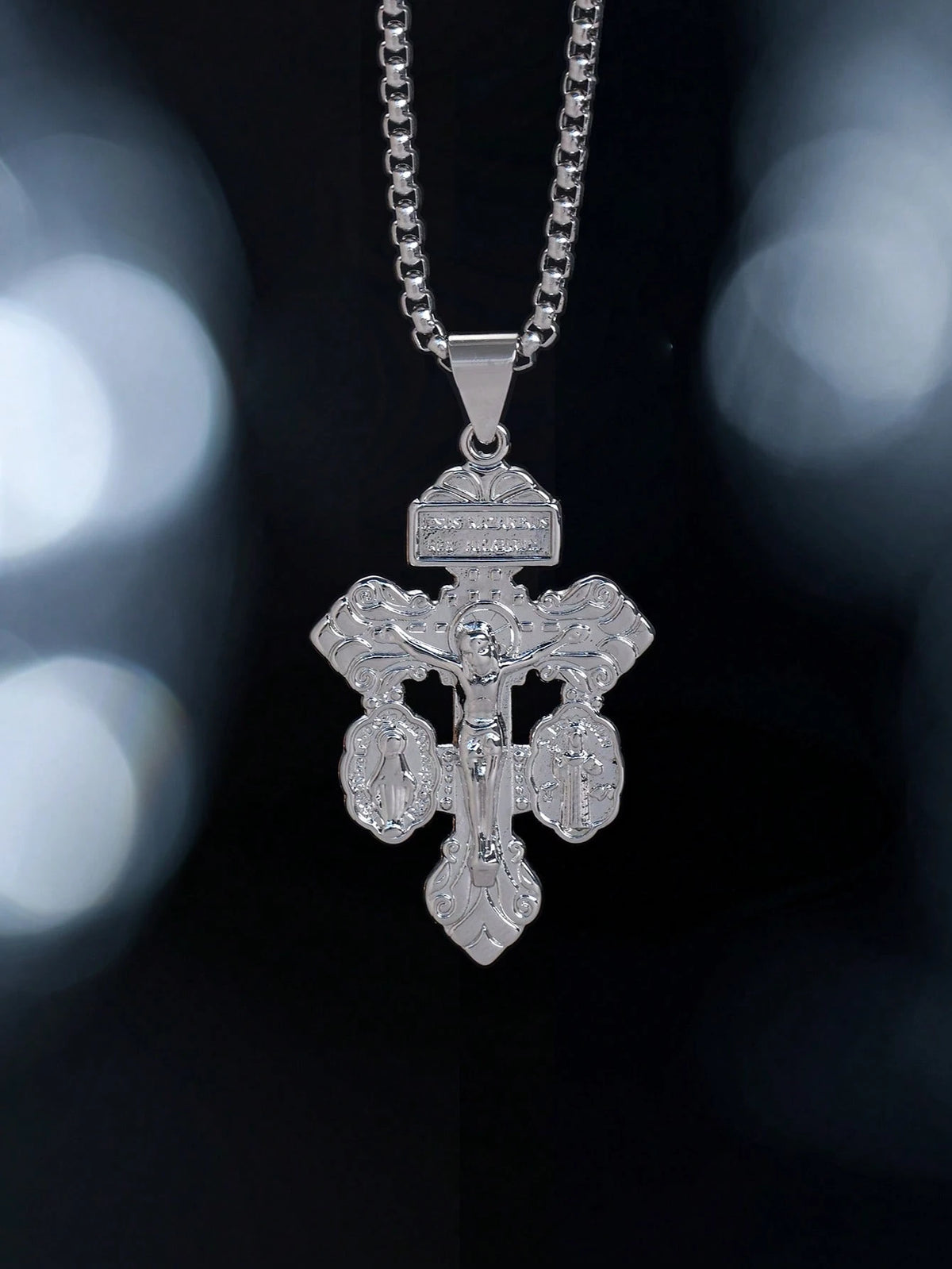 1pc Stainless Steel Chain Religious Forgiveness Cross Necklace, Jesus, Virgin Mary, St. Benedict Catholic Forgiveness Cross Necklace, Unisex