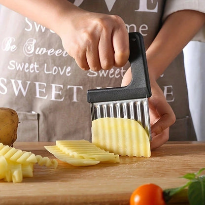 1pc Stainless Steel Manual Wavy Blade Potato Slicer- Ergonomic Handle, Suitable For Making Uniform Curly Fries, Hash Browns And Creative Vegetable Slices- Durable Kitchen Tool Essential For Home Coo