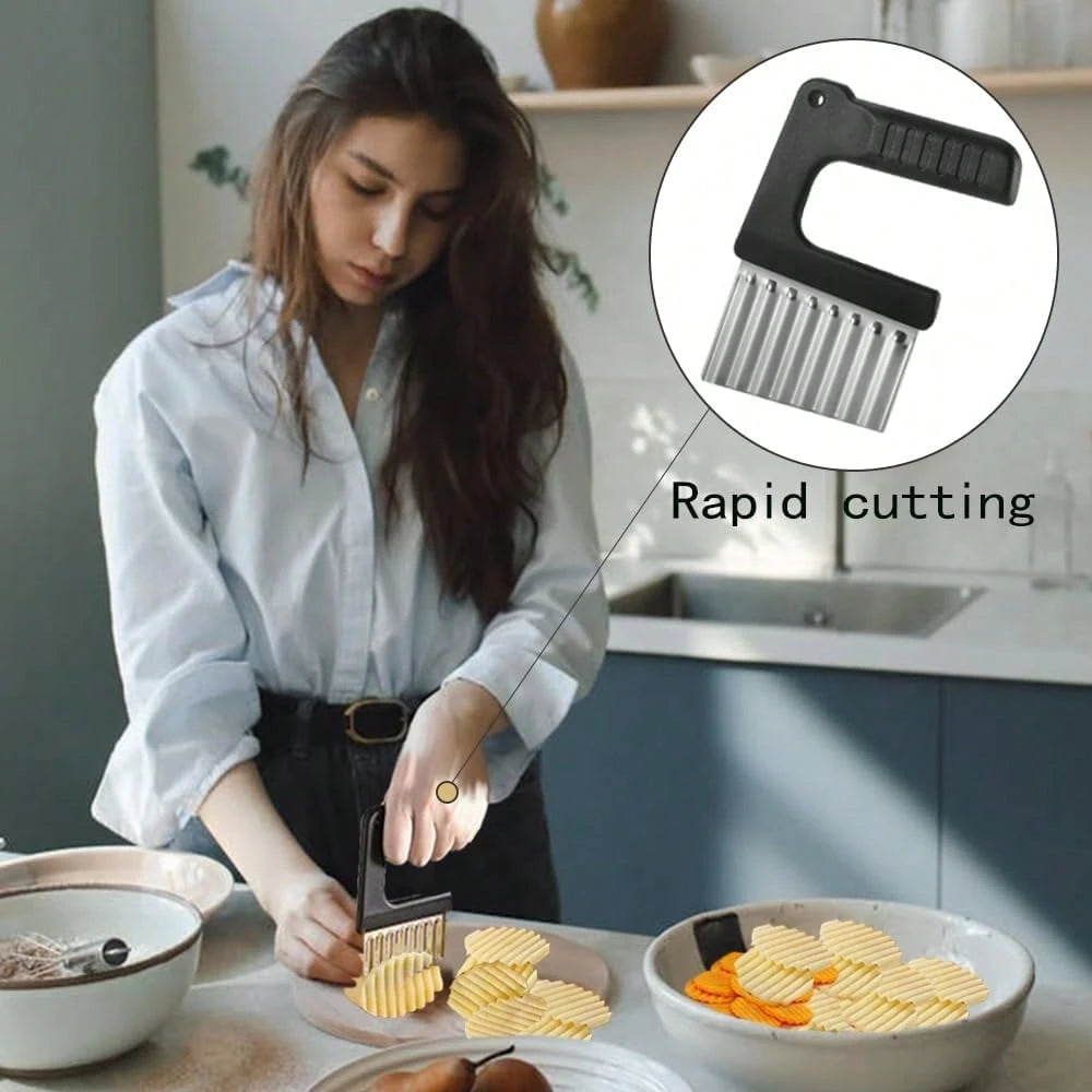 1pc Stainless Steel Manual Wavy Blade Potato Slicer- Ergonomic Handle, Suitable For Making Uniform Curly Fries, Hash Browns And Creative Vegetable Slices- Durable Kitchen Tool Essential For Home Coo