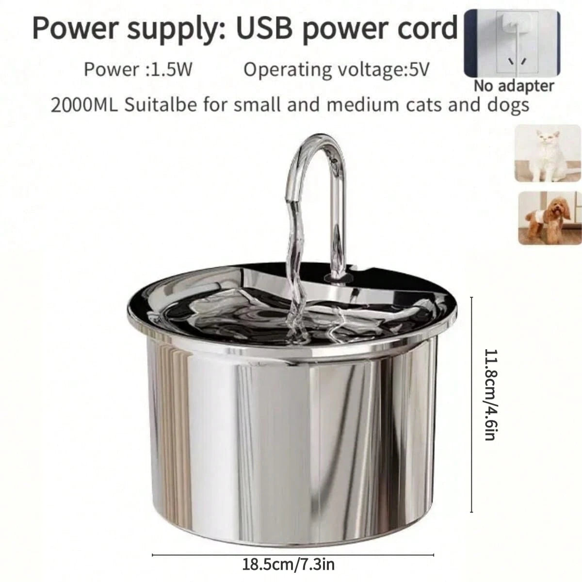 1pc Stainless Steel Pet Water Dispenser, USB Powered Automatic Cat/Dog Water Feeder With Splash-Proof Tray, Quiet Operation, Increases Water Intake- No Battery Required, Indoor Pet Accessory| Stylis