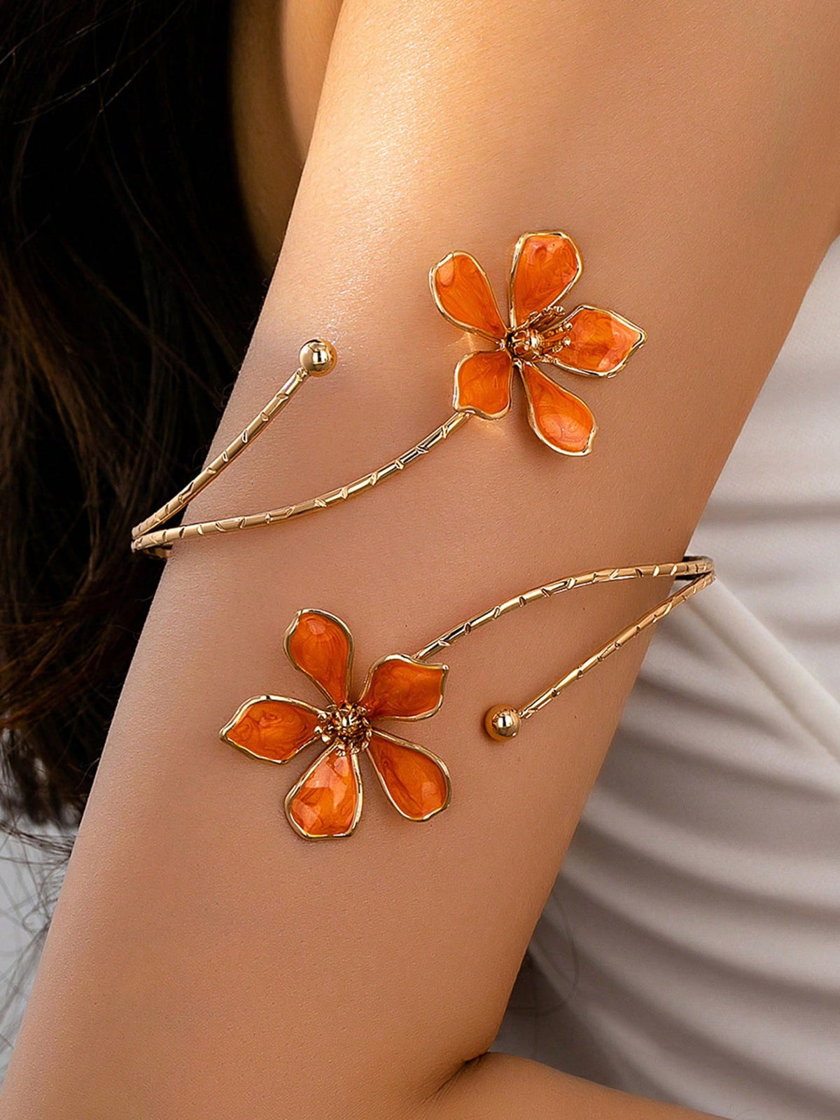 1pc Summer Fashion Floral Arm Chain Exaggerated Geometric Open Metal Bracelet Arm Cuff Suitable For Vacation, Party, Gathering