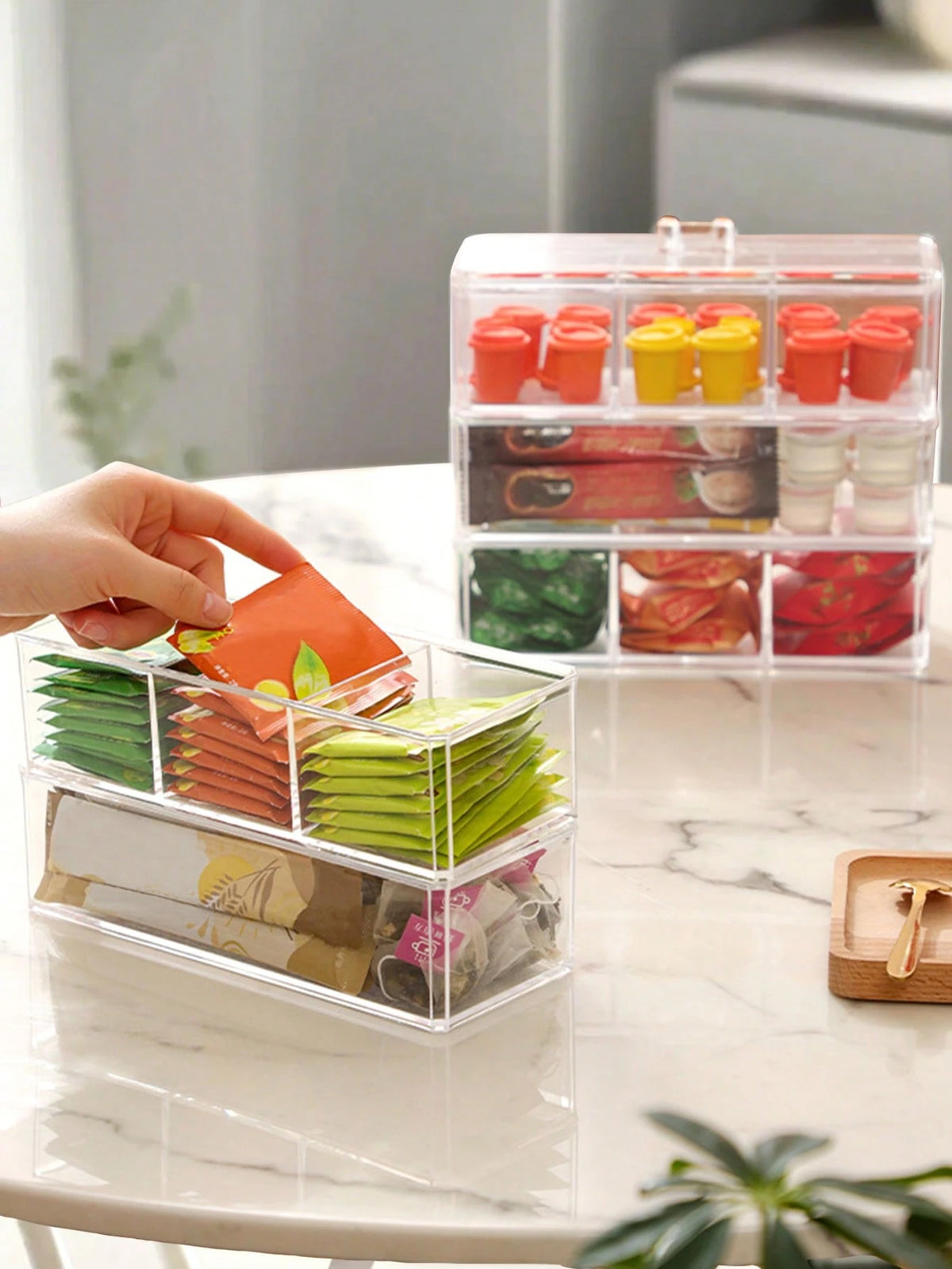 1pc Tea Bag Organizer Box With Lid, Desktop Compartment Storage Box, Drawer Organizer, Clear Acrylic Storage Container, Perfect For Kitchen Cabinets, Countertops & Pantry Storage, Ideal For Coffee Pod