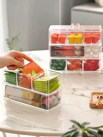 1pc Tea Bag Organizer Box With Lid, Desktop Compartment Storage Box, Drawer Organizer, Clear Acrylic Storage Container, Perfect For Kitchen Cabinets, Countertops & Pantry Storage, Ideal For Coffee Pod