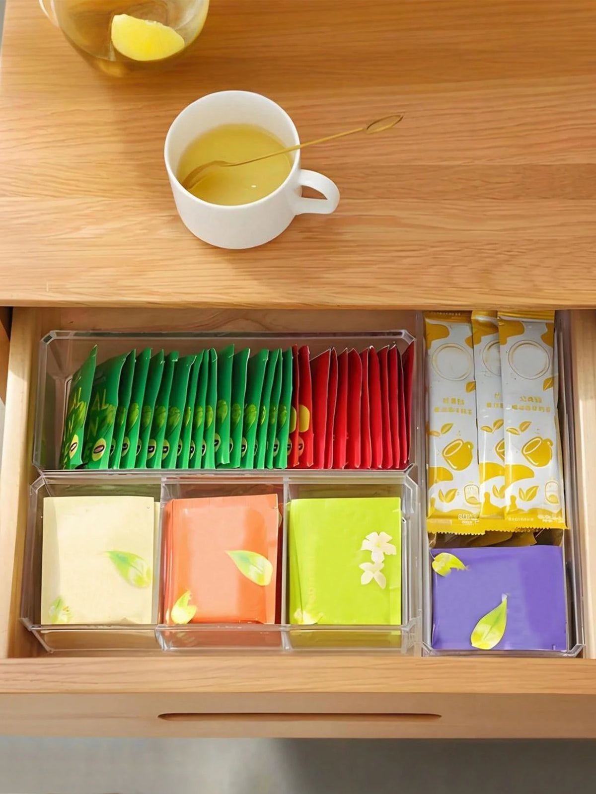 1pc Tea Bag Organizer Box With Lid, Desktop Compartment Storage Box, Drawer Organizer, Clear Acrylic Storage Container, Perfect For Kitchen Cabinets, Countertops & Pantry Storage, Ideal For Coffee Pod