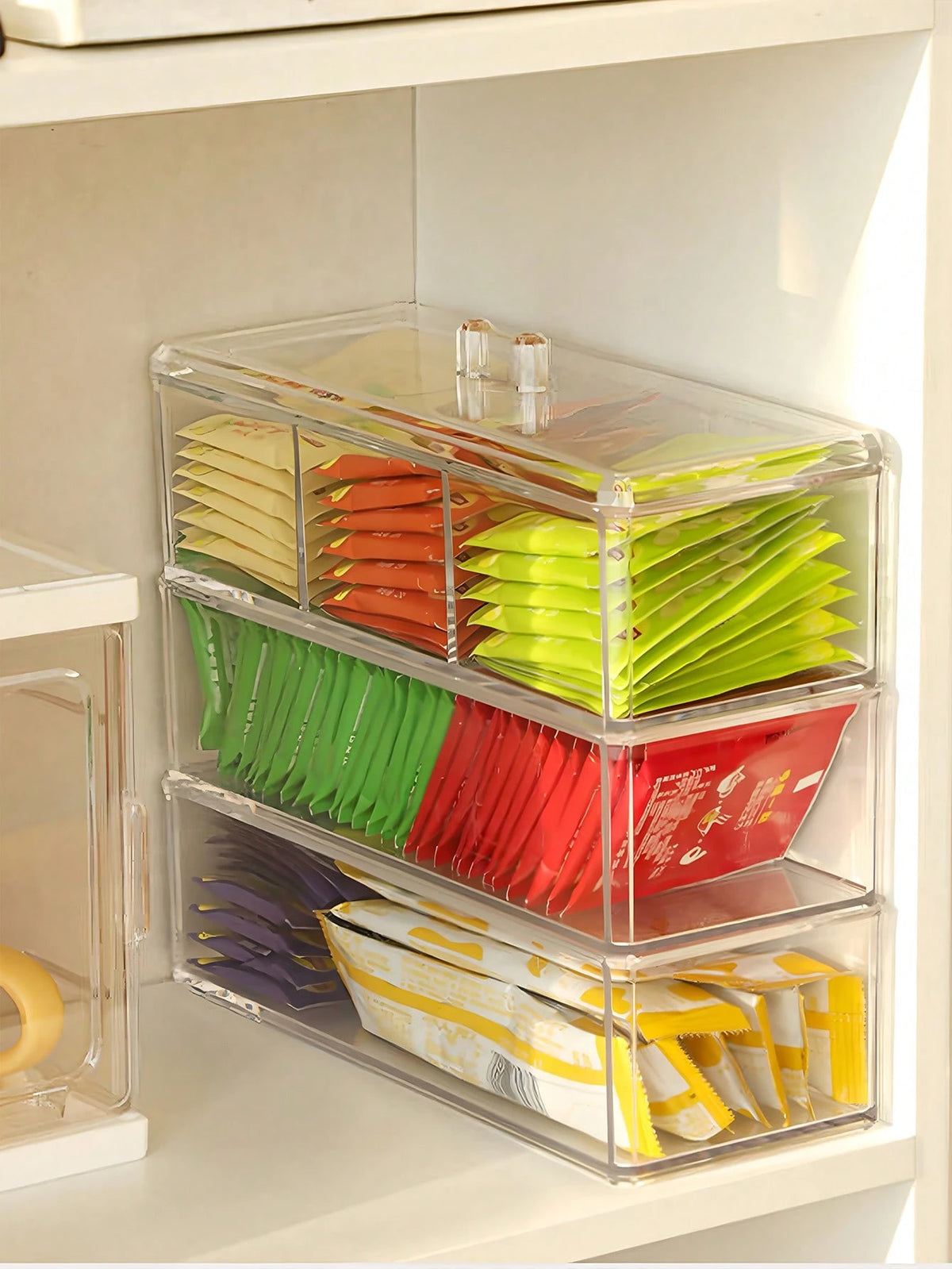 1pc Tea Bag Organizer Box With Lid, Desktop Compartment Storage Box, Drawer Organizer, Clear Acrylic Storage Container, Perfect For Kitchen Cabinets, Countertops & Pantry Storage, Ideal For Coffee Pod