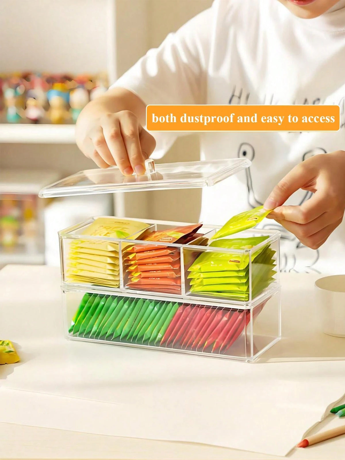 1pc Tea Bag Organizer Box With Lid, Desktop Compartment Storage Box, Drawer Organizer, Clear Acrylic Storage Container, Perfect For Kitchen Cabinets, Countertops & Pantry Storage, Ideal For Coffee Pod
