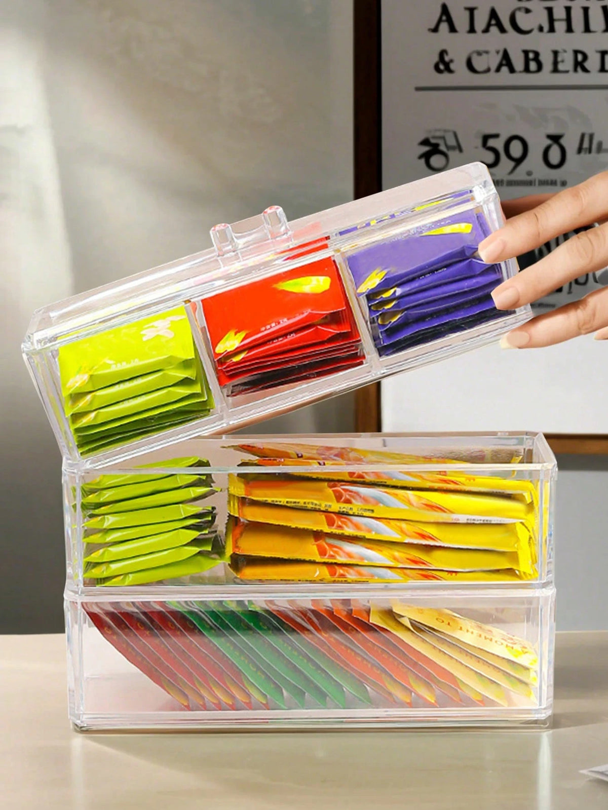 1pc Tea Bag Organizer Box With Lid, Desktop Compartment Storage Box, Drawer Organizer, Clear Acrylic Storage Container, Perfect For Kitchen Cabinets, Countertops & Pantry Storage, Ideal For Coffee Pod