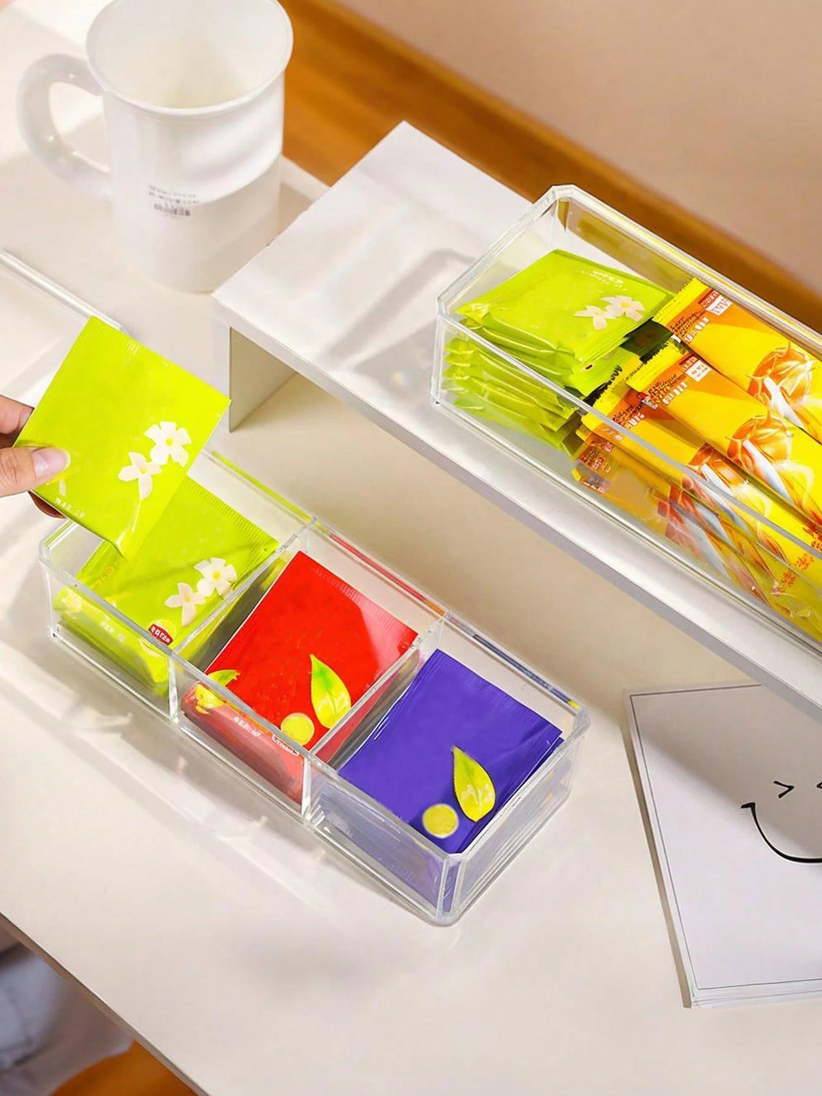 1pc Tea Bag Organizer Box With Lid, Desktop Compartment Storage Box, Drawer Organizer, Clear Acrylic Storage Container, Perfect For Kitchen Cabinets, Countertops & Pantry Storage, Ideal For Coffee Pod