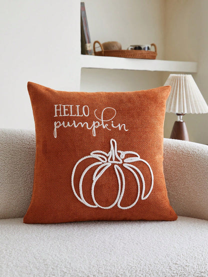 1pc Thanksgiving Orange Pumpkin Embroidered Pillow Case, Thanksgiving Hello Pumpkin Pillow Cover, Suitable For Indoor Decoration, Thanksgiving Decor, All-Season Pillow Case, Without Insert
