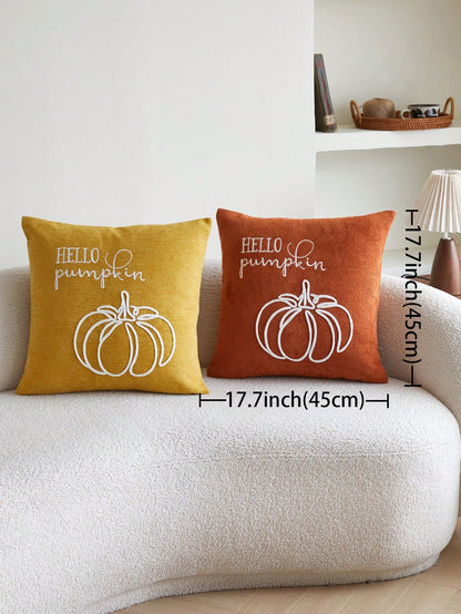 1pc Thanksgiving Orange Pumpkin Embroidered Pillow Case, Thanksgiving Hello Pumpkin Pillow Cover, Suitable For Indoor Decoration, Thanksgiving Decor, All-Season Pillow Case, Without Insert