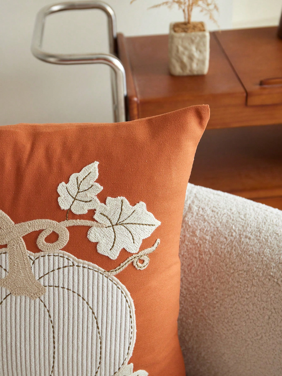 1pc Thanksgiving Orange Pumpkin Embroidered Pillow Case, Suitable For Indoor Decor, Thanksgiving Decoration, All Season Pillow Case, Without Insert