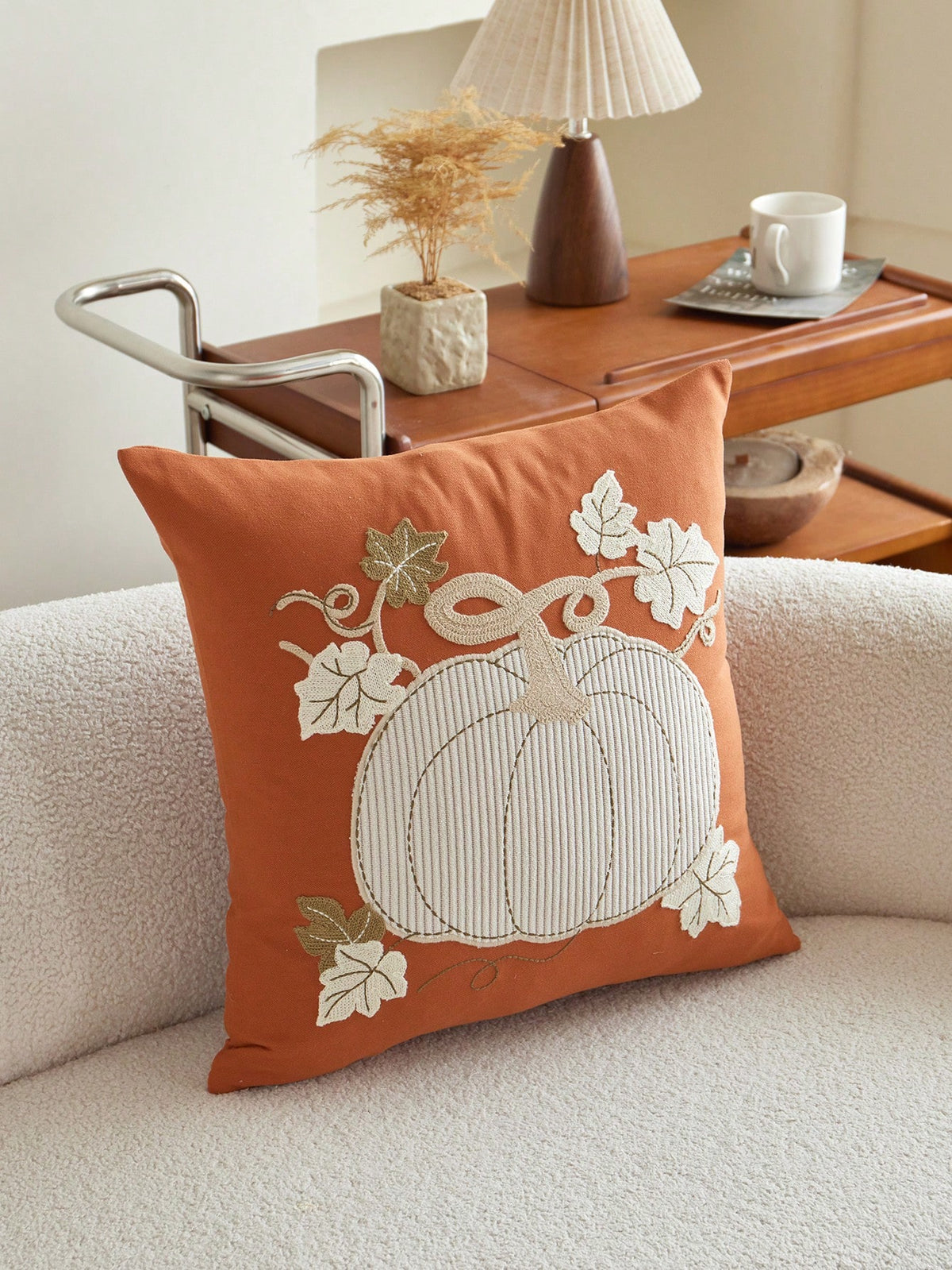 1pc Thanksgiving Orange Pumpkin Embroidered Pillow Case, Suitable For Indoor Decor, Thanksgiving Decoration, All Season Pillow Case, Without Insert