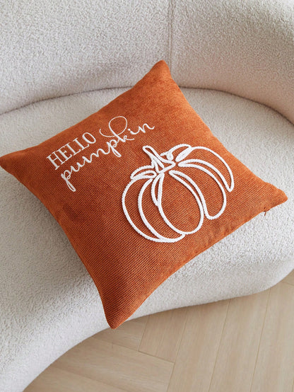 1pc Thanksgiving Orange Pumpkin Embroidered Pillow Case, Thanksgiving Hello Pumpkin Pillow Cover, Suitable For Indoor Decoration, Thanksgiving Decor, All-Season Pillow Case, Without Insert