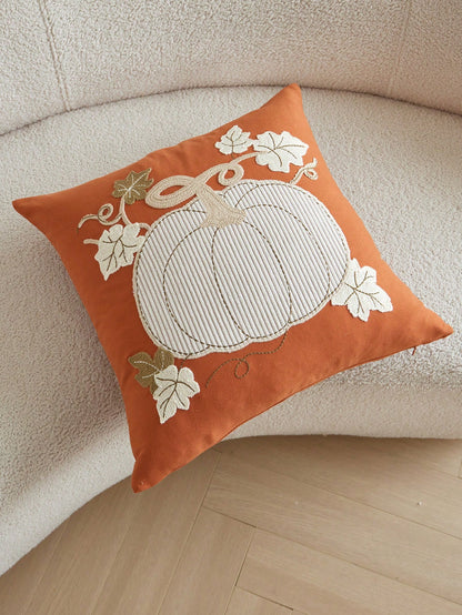 1pc Thanksgiving Orange Pumpkin Embroidered Pillow Case, Suitable For Indoor Decor, Thanksgiving Decoration, All Season Pillow Case, Without Insert